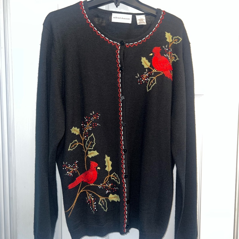 Alfred Dunner Black Cardigan with Red Cardinal/ Bird Design